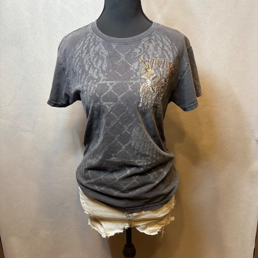 Y2K Grunge Graphic T-Shirt Washed Black Wings Cross Embroidered Small